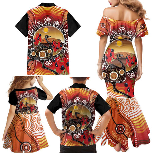 Sturt's Desert Pea And Emu Australia Family Matching Mermaid Dress and Hawaiian Shirt Uluru Aboriginal Art