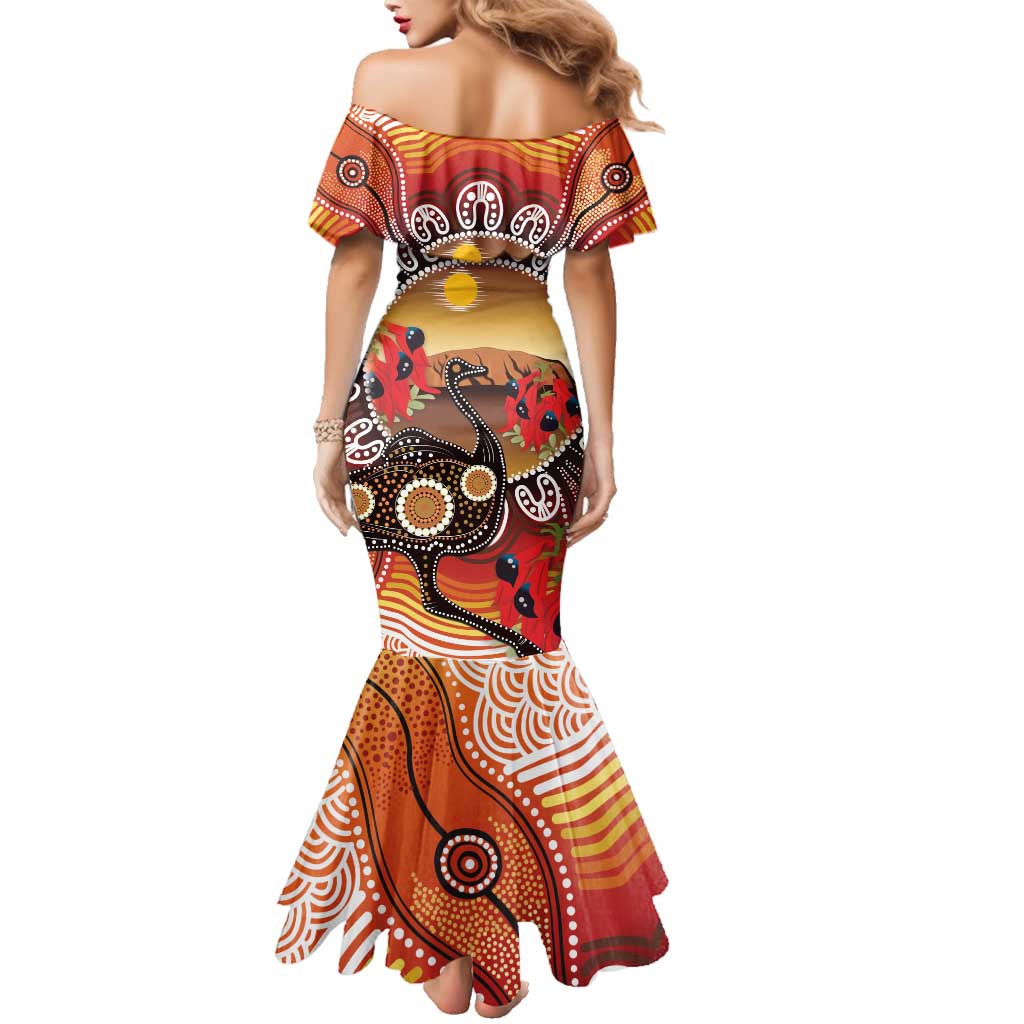 Sturt's Desert Pea And Emu Australia Family Matching Mermaid Dress and Hawaiian Shirt Uluru Aboriginal Art