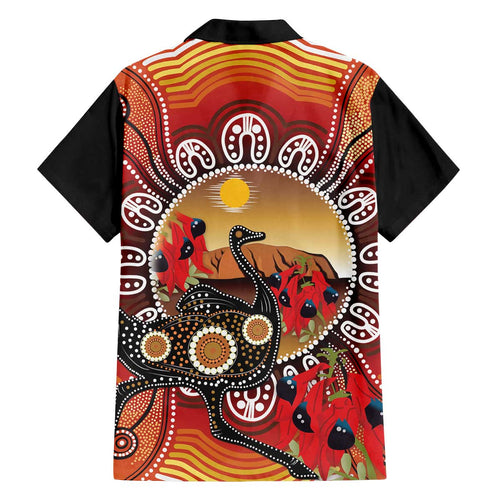 Sturt's Desert Pea And Emu Australia Family Matching Off The Shoulder Long Sleeve Dress and Hawaiian Shirt Uluru Aboriginal Art