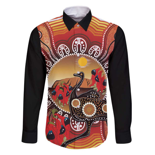 Sturt's Desert Pea And Emu Australia Family Matching Off The Shoulder Long Sleeve Dress and Hawaiian Shirt Uluru Aboriginal Art