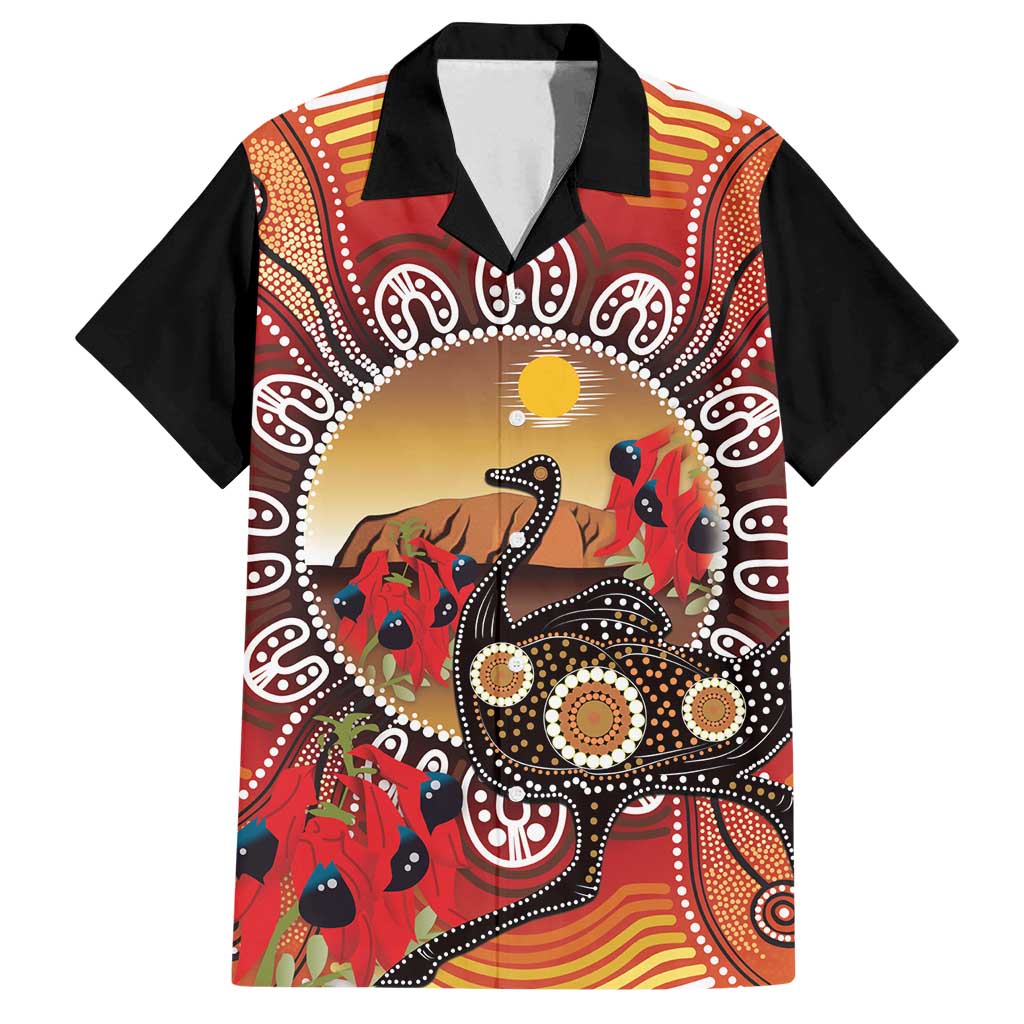 Sturt's Desert Pea And Emu Australia Family Matching Off Shoulder Maxi Dress and Hawaiian Shirt Uluru Aboriginal Art