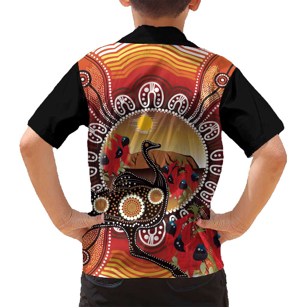 Sturt's Desert Pea And Emu Australia Family Matching Off Shoulder Short Dress and Hawaiian Shirt Uluru Aboriginal Art