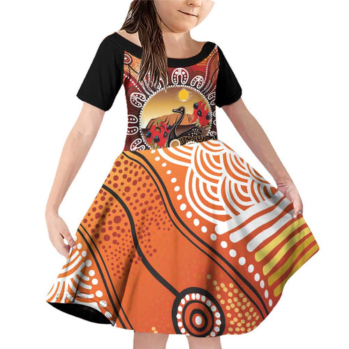 Sturt's Desert Pea And Emu Australia Family Matching Off Shoulder Short Dress and Hawaiian Shirt Uluru Aboriginal Art