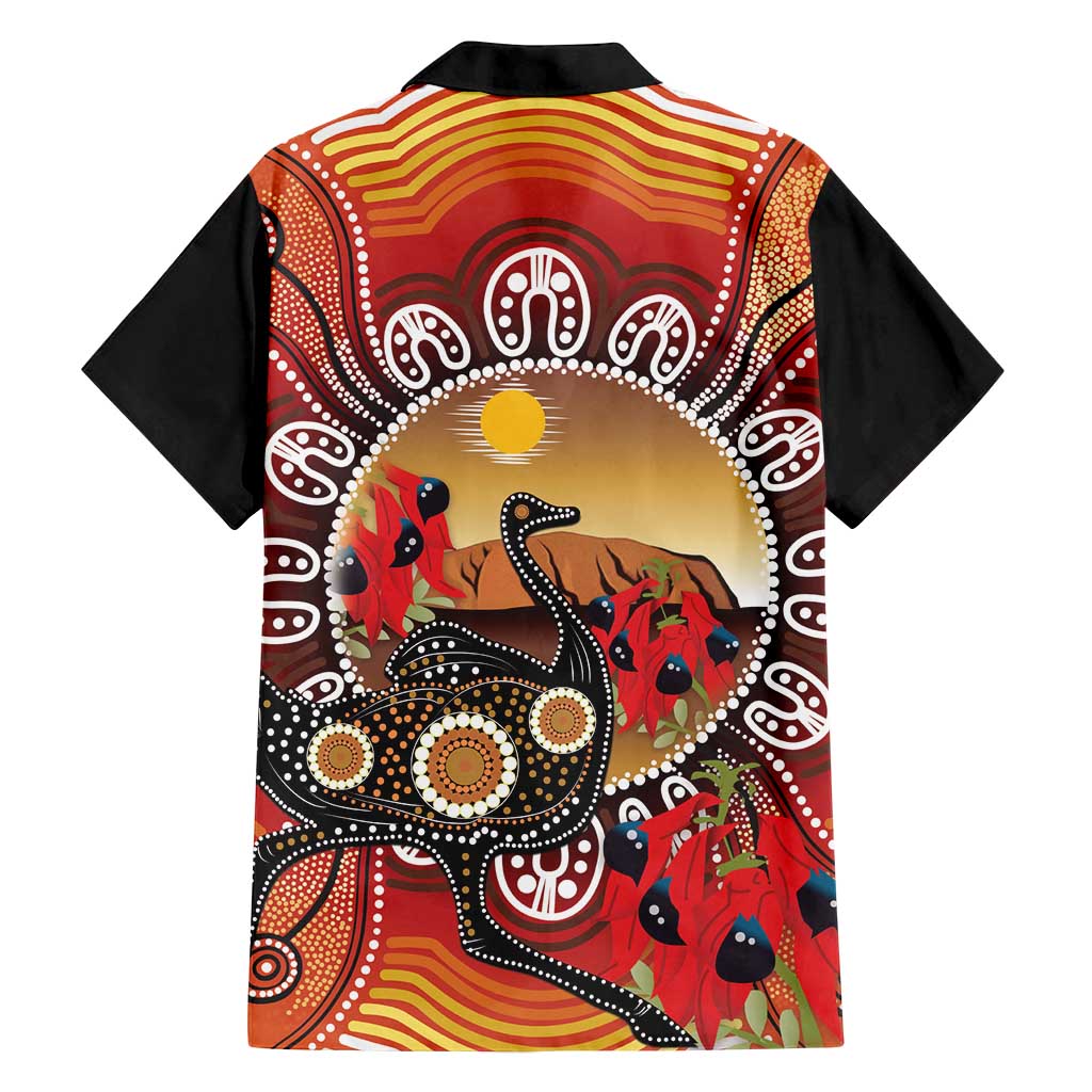 Sturt's Desert Pea And Emu Australia Family Matching Off Shoulder Short Dress and Hawaiian Shirt Uluru Aboriginal Art