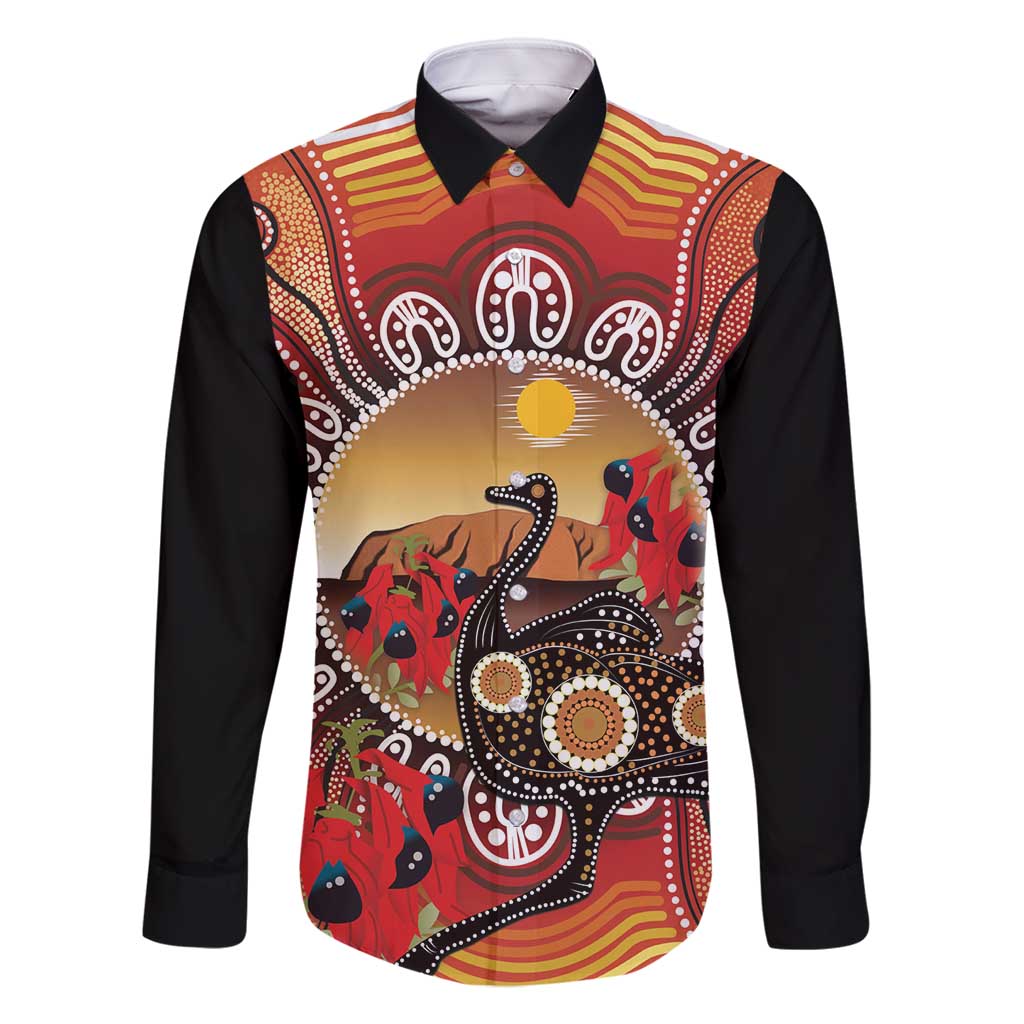 Sturt's Desert Pea And Emu Australia Family Matching Off Shoulder Short Dress and Hawaiian Shirt Uluru Aboriginal Art