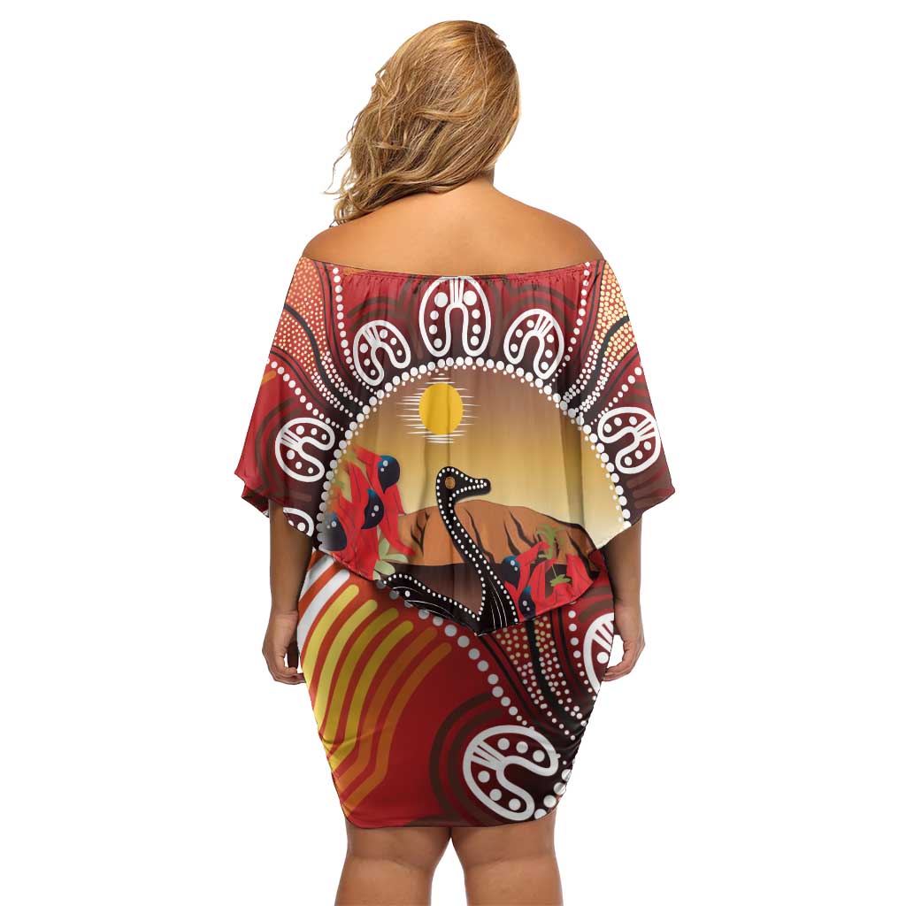 Sturt's Desert Pea And Emu Australia Family Matching Off Shoulder Short Dress and Hawaiian Shirt Uluru Aboriginal Art