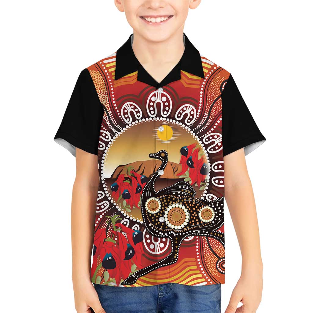 Sturt's Desert Pea And Emu Australia Family Matching Off Shoulder Short Dress and Hawaiian Shirt Uluru Aboriginal Art