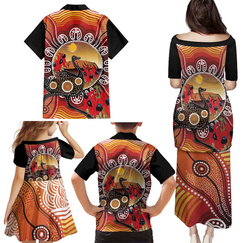 Sturt's Desert Pea And Emu Australia Family Matching Puletasi and Hawaiian Shirt Uluru Aboriginal Art