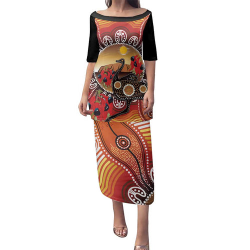 Sturt's Desert Pea And Emu Australia Family Matching Puletasi and Hawaiian Shirt Uluru Aboriginal Art
