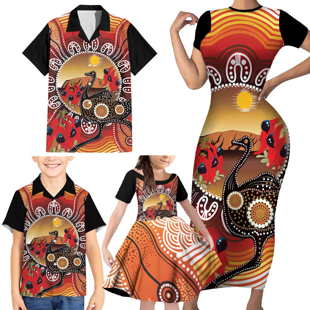 Sturt's Desert Pea And Emu Australia Family Matching Short Sleeve Bodycon Dress and Hawaiian Shirt Uluru Aboriginal Art