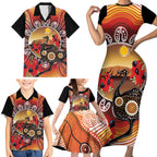 Sturt's Desert Pea And Emu Australia Family Matching Short Sleeve Bodycon Dress and Hawaiian Shirt Uluru Aboriginal Art