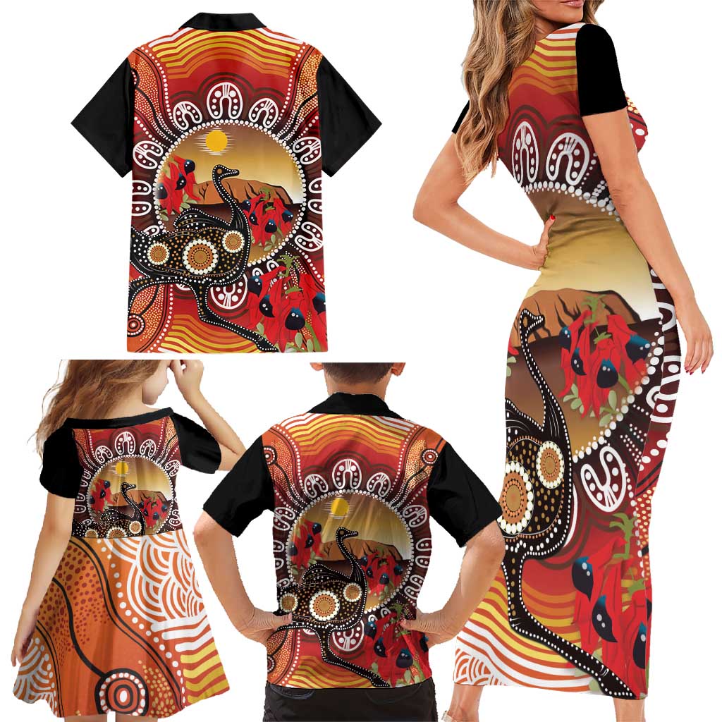 Sturt's Desert Pea And Emu Australia Family Matching Short Sleeve Bodycon Dress and Hawaiian Shirt Uluru Aboriginal Art