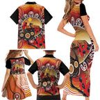Sturt's Desert Pea And Emu Australia Family Matching Short Sleeve Bodycon Dress and Hawaiian Shirt Uluru Aboriginal Art