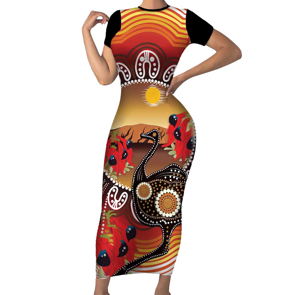 Sturt's Desert Pea And Emu Australia Family Matching Short Sleeve Bodycon Dress and Hawaiian Shirt Uluru Aboriginal Art