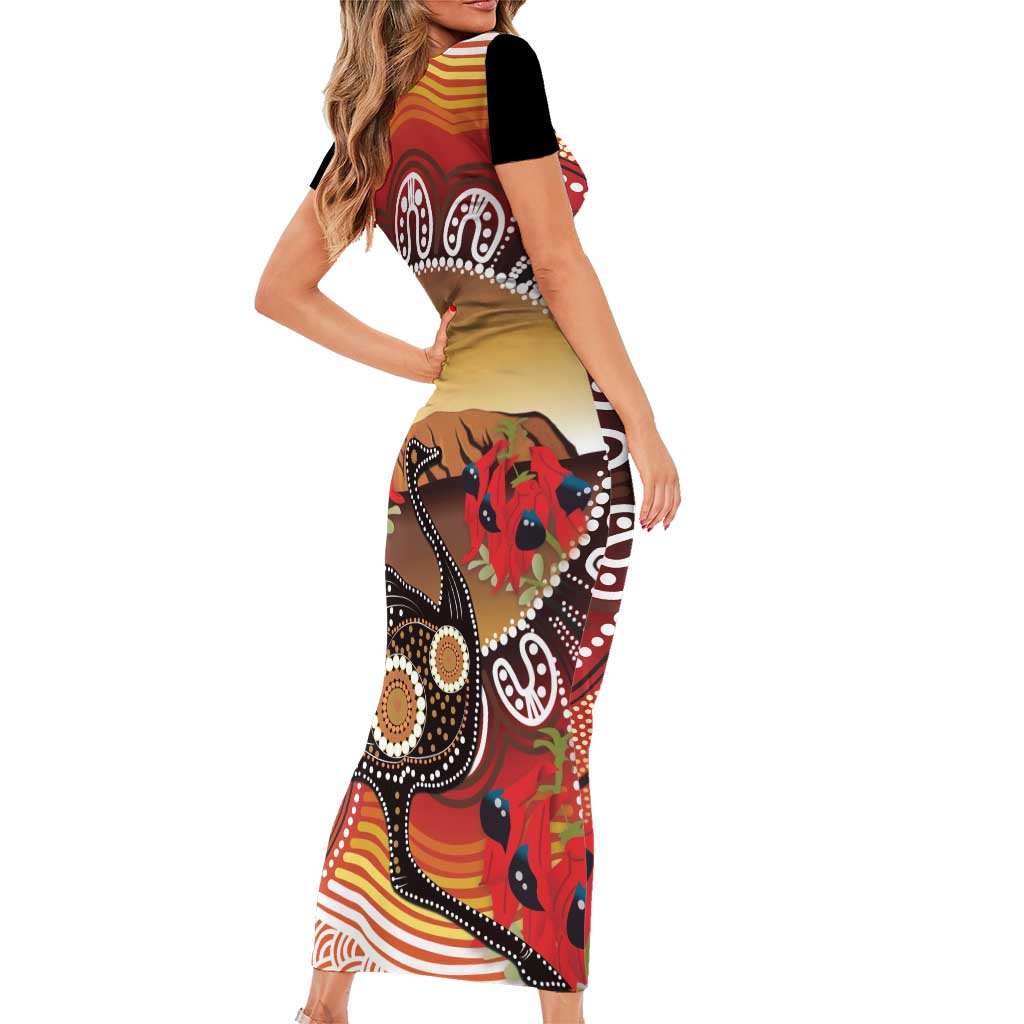 Sturt's Desert Pea And Emu Australia Family Matching Short Sleeve Bodycon Dress and Hawaiian Shirt Uluru Aboriginal Art