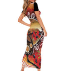 Sturt's Desert Pea And Emu Australia Family Matching Short Sleeve Bodycon Dress and Hawaiian Shirt Uluru Aboriginal Art