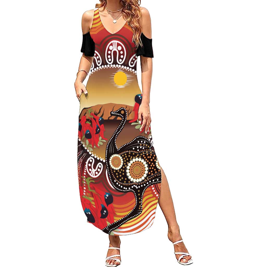 Sturt's Desert Pea And Emu Australia Family Matching Summer Maxi Dress and Hawaiian Shirt Uluru Aboriginal Art