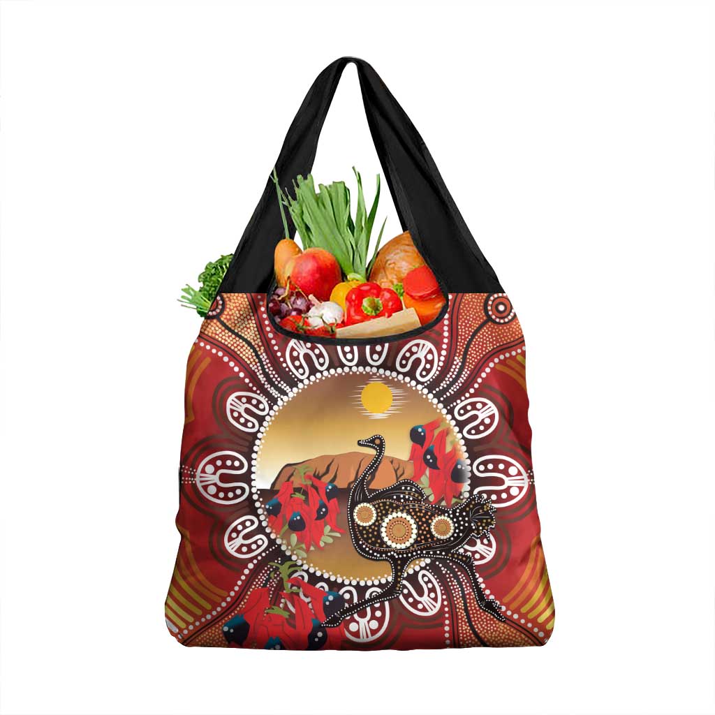 Sturt's Desert Pea And Emu Australia Grocery Bag Uluru Aboriginal Art
