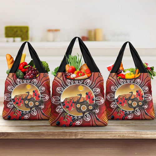 Sturt's Desert Pea And Emu Australia Grocery Bag Uluru Aboriginal Art
