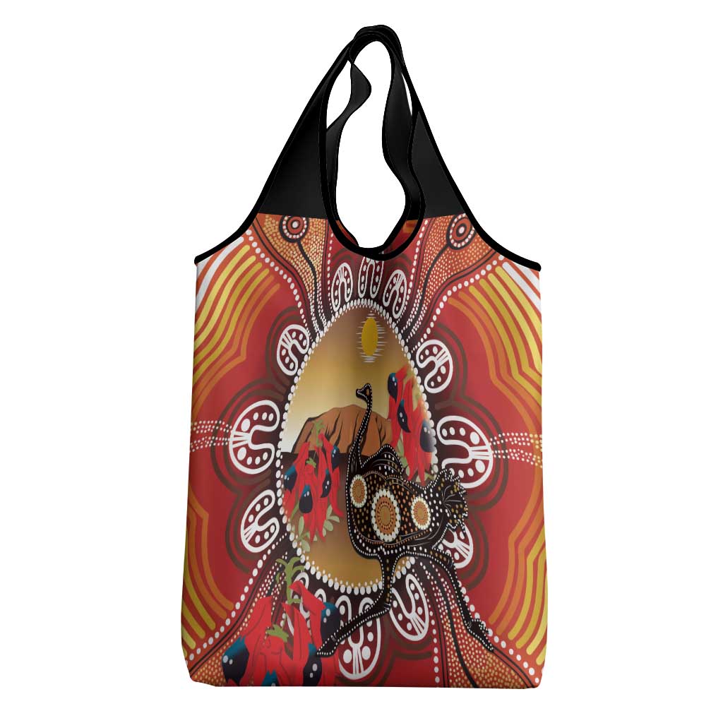 Sturt's Desert Pea And Emu Australia Grocery Bag Uluru Aboriginal Art