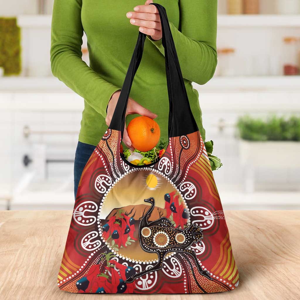 Sturt's Desert Pea And Emu Australia Grocery Bag Uluru Aboriginal Art