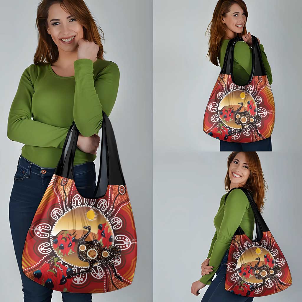 Sturt's Desert Pea And Emu Australia Grocery Bag Uluru Aboriginal Art