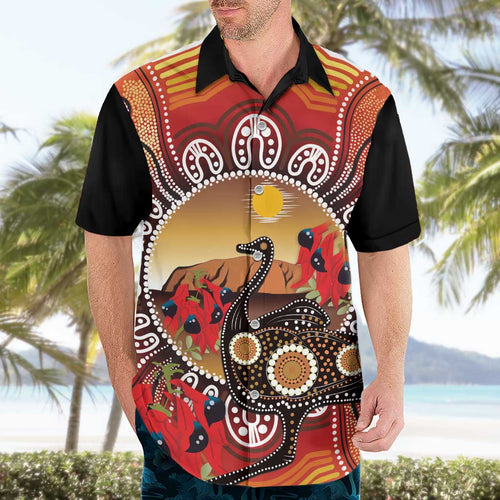 Sturt's Desert Pea And Emu Australia Hawaiian Shirt Uluru Aboriginal Art