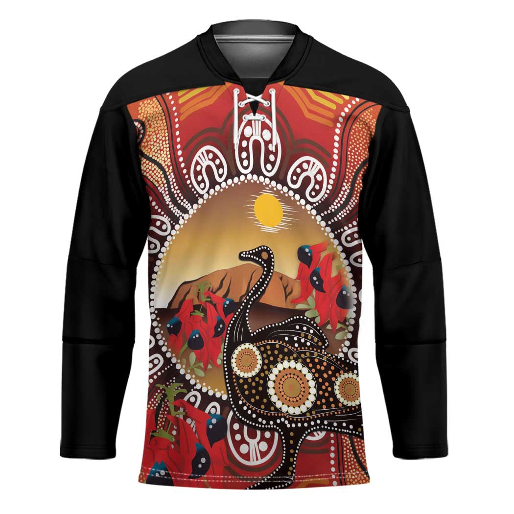 Sturt's Desert Pea And Emu Australia Hockey Jersey Uluru Aboriginal Art - Aussie Hoodie
