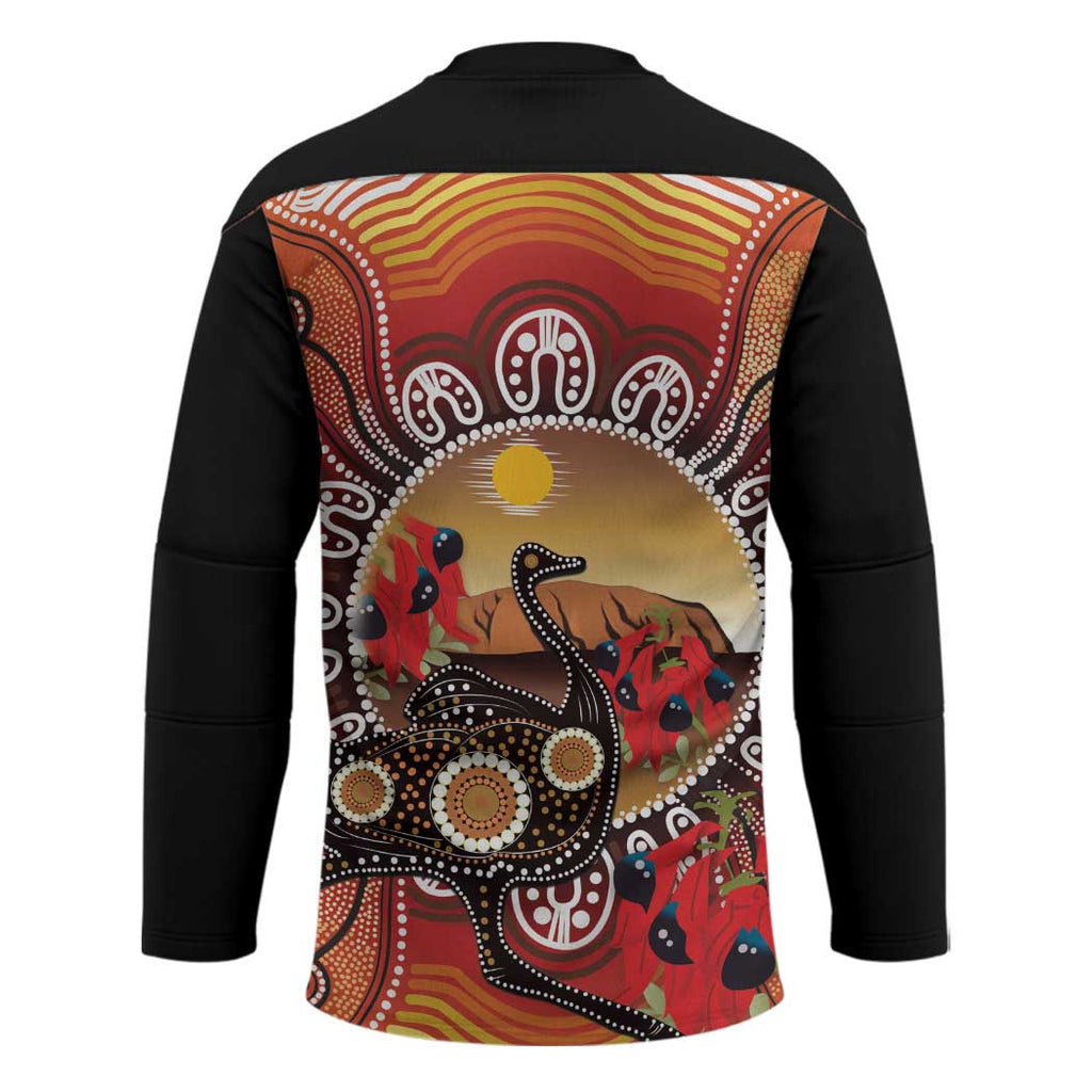 Sturt's Desert Pea And Emu Australia Hockey Jersey Uluru Aboriginal Art - Aussie Hoodie