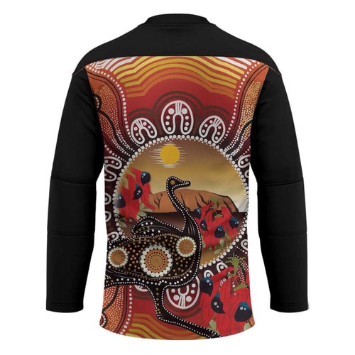 Sturt's Desert Pea And Emu Australia Hockey Jersey Uluru Aboriginal Art - Aussie Hoodie