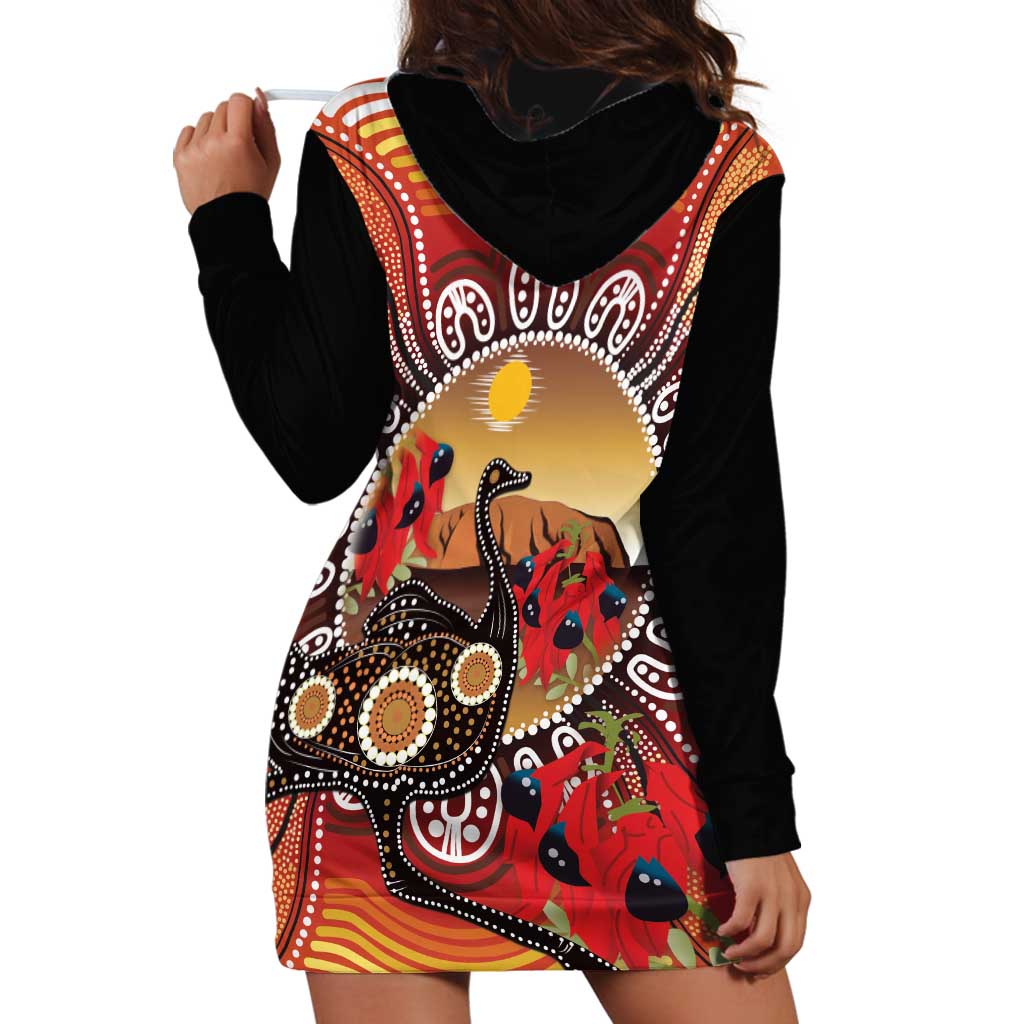 Sturt's Desert Pea And Emu Australia Hoodie Dress Uluru Aboriginal Art