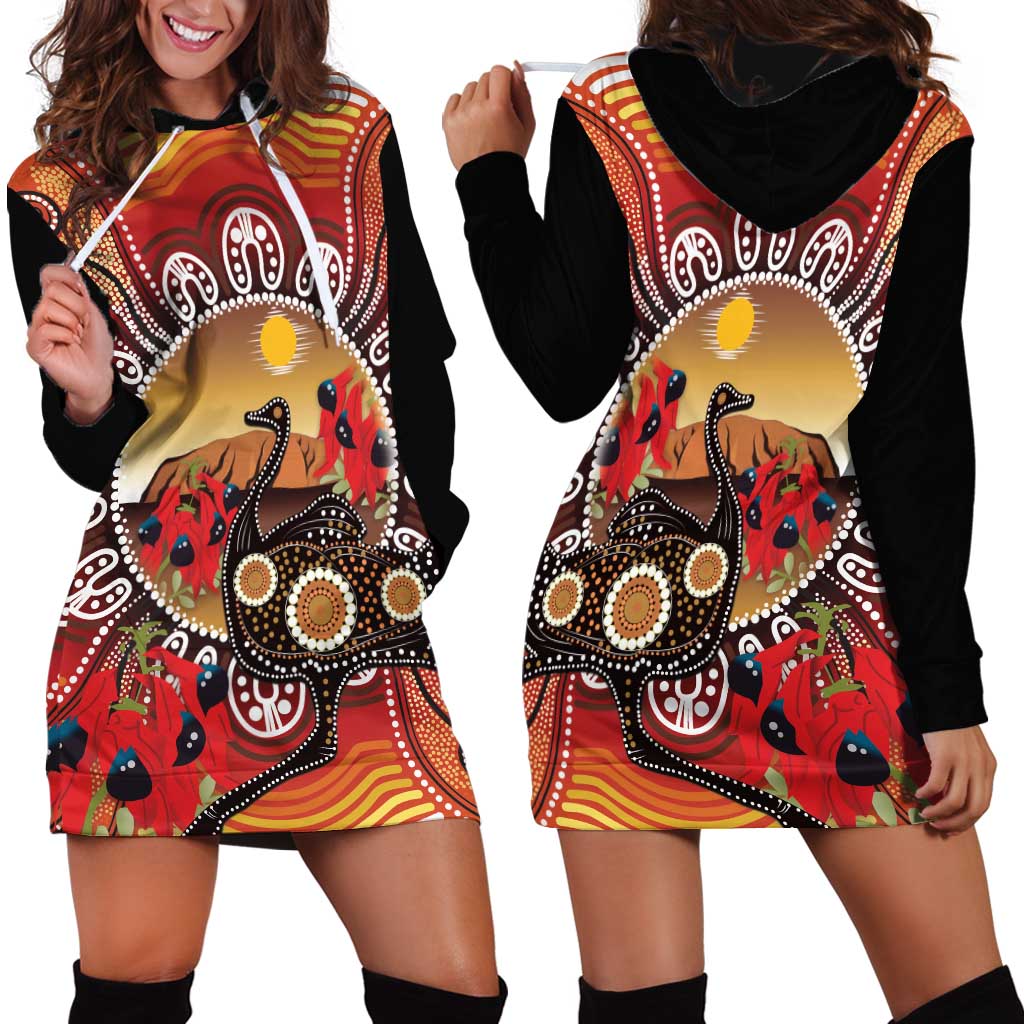 Sturt's Desert Pea And Emu Australia Hoodie Dress Uluru Aboriginal Art