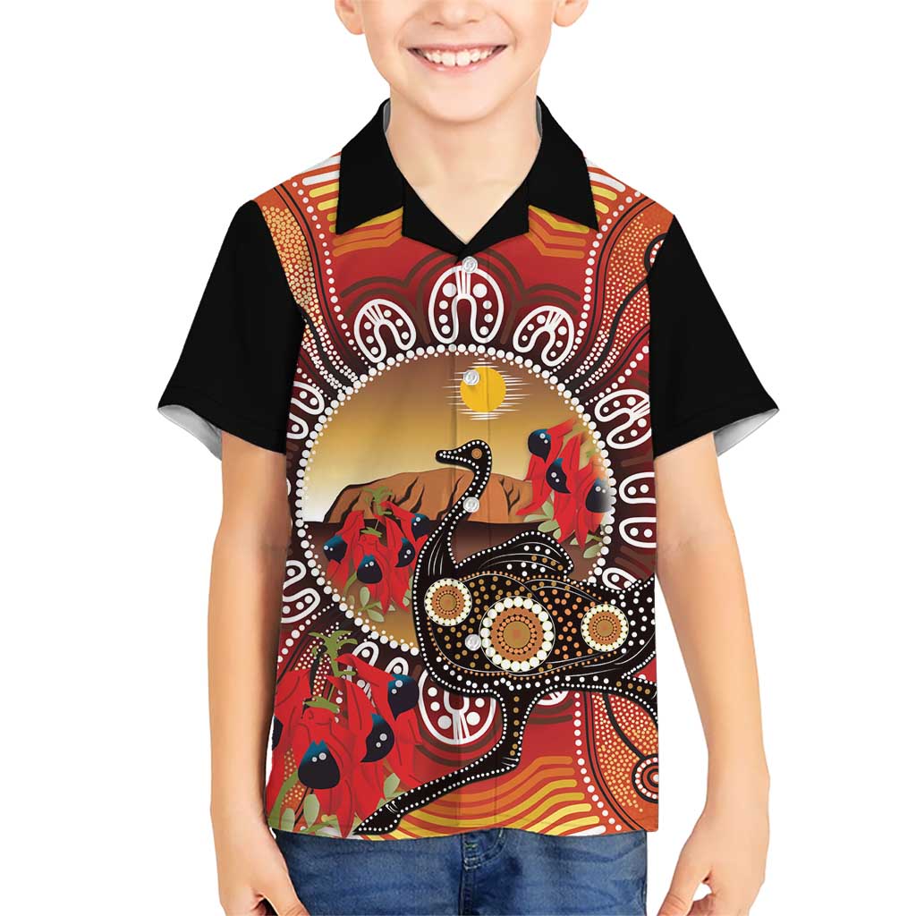Sturt's Desert Pea And Emu Australia Kid Hawaiian Shirt Uluru Aboriginal Art
