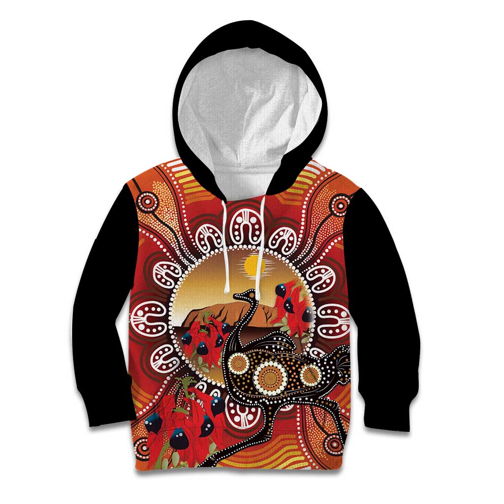 Sturt's Desert Pea And Emu Australia Kid Hoodie Uluru Aboriginal Art