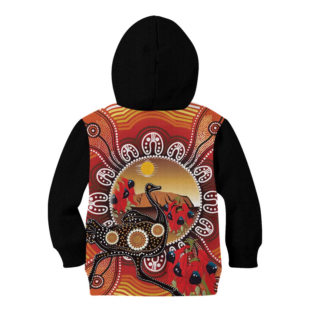 Sturt's Desert Pea And Emu Australia Kid Hoodie Uluru Aboriginal Art