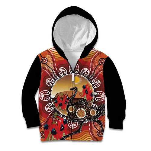 Sturt's Desert Pea And Emu Australia Kid Hoodie Uluru Aboriginal Art