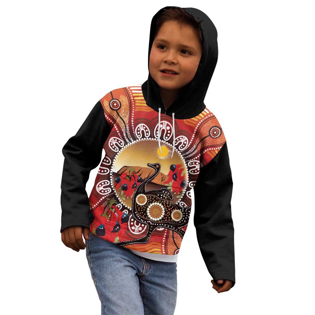 Sturt's Desert Pea And Emu Australia Kid Hoodie Uluru Aboriginal Art