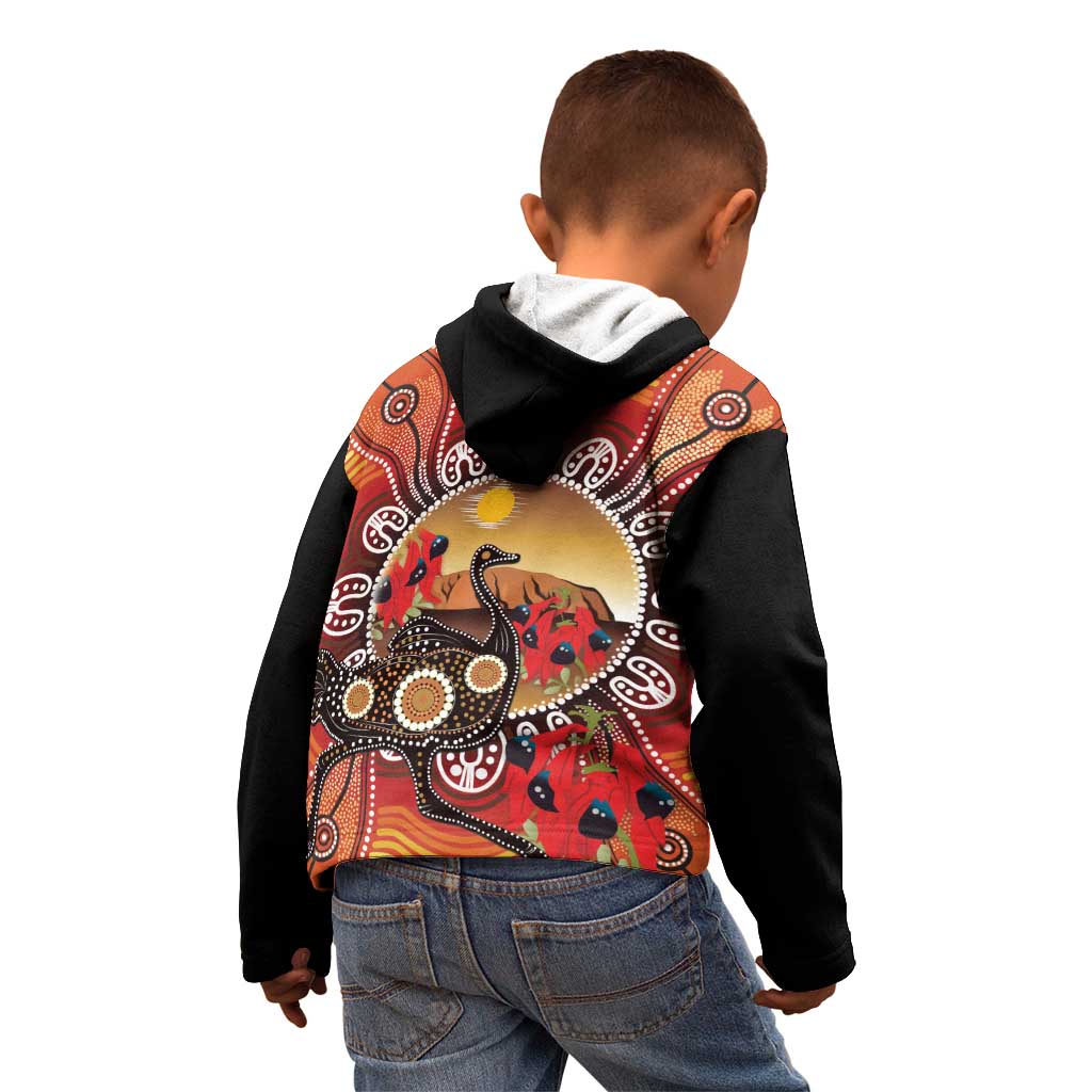 Sturt's Desert Pea And Emu Australia Kid Hoodie Uluru Aboriginal Art