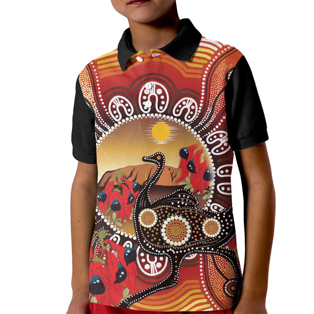 Sturt's Desert Pea And Emu Australia Kid Polo Shirt Uluru Aboriginal Art