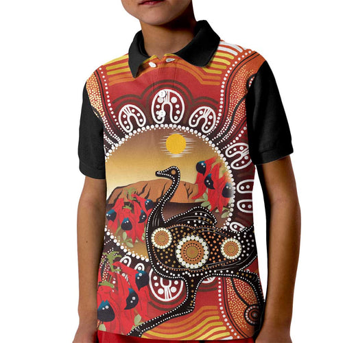 Sturt's Desert Pea And Emu Australia Kid Polo Shirt Uluru Aboriginal Art