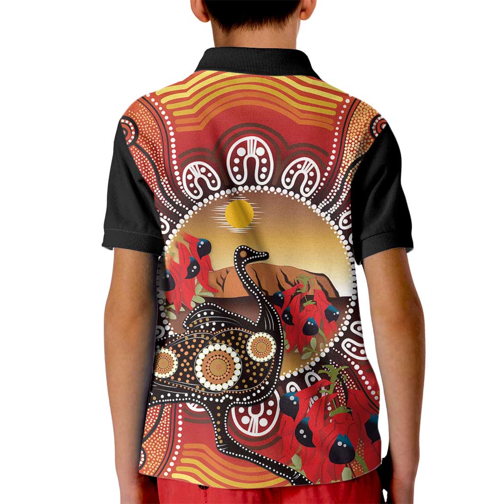 Sturt's Desert Pea And Emu Australia Kid Polo Shirt Uluru Aboriginal Art