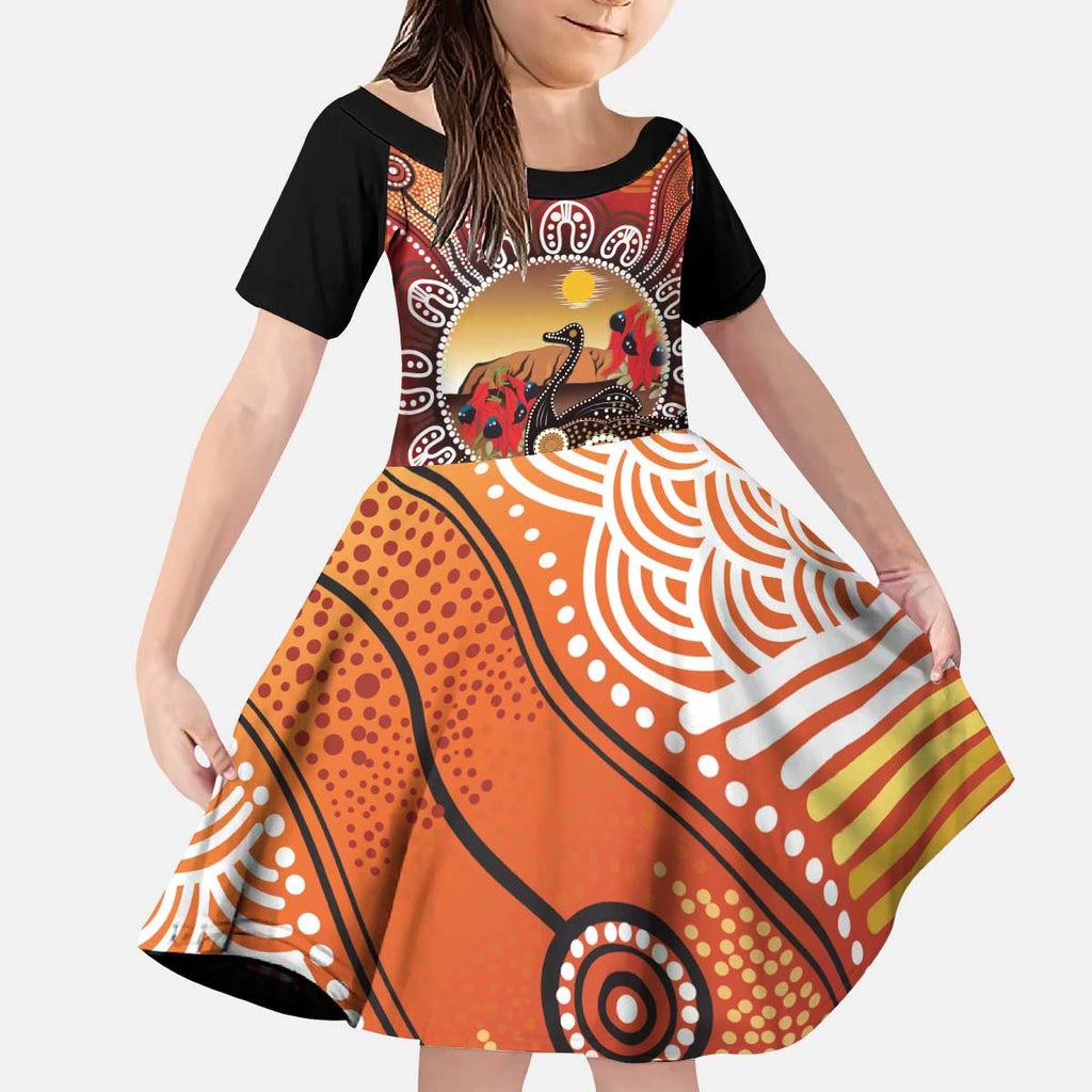 Sturt's Desert Pea And Emu Australia Kid Short Sleeve Dress Uluru Aboriginal Art