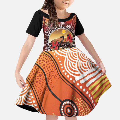 Sturt's Desert Pea And Emu Australia Kid Short Sleeve Dress Uluru Aboriginal Art