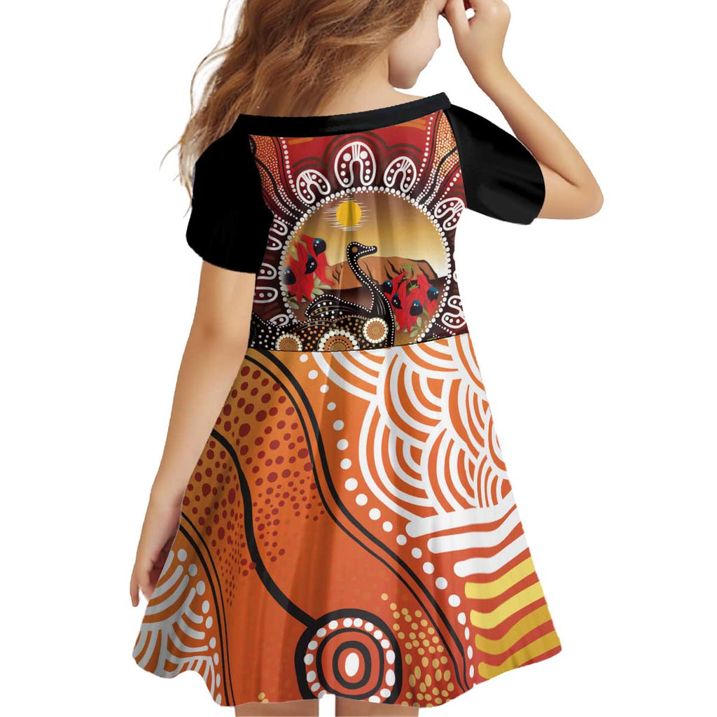 Sturt's Desert Pea And Emu Australia Kid Short Sleeve Dress Uluru Aboriginal Art