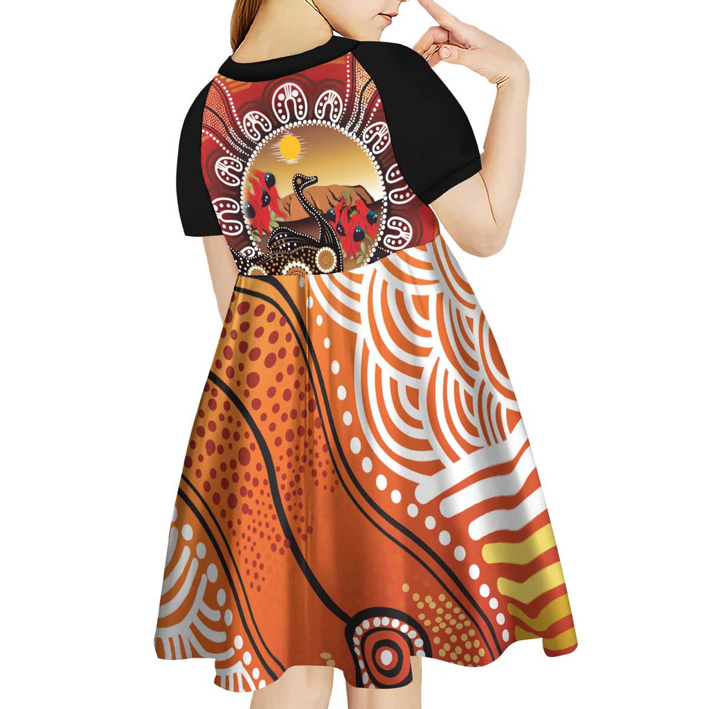 Sturt's Desert Pea And Emu Australia Kid Short Sleeve Dress Uluru Aboriginal Art