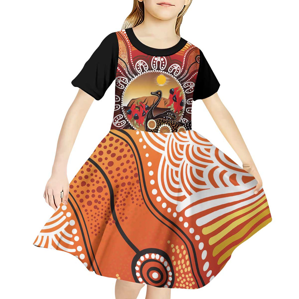 Sturt's Desert Pea And Emu Australia Kid Short Sleeve Dress Uluru Aboriginal Art