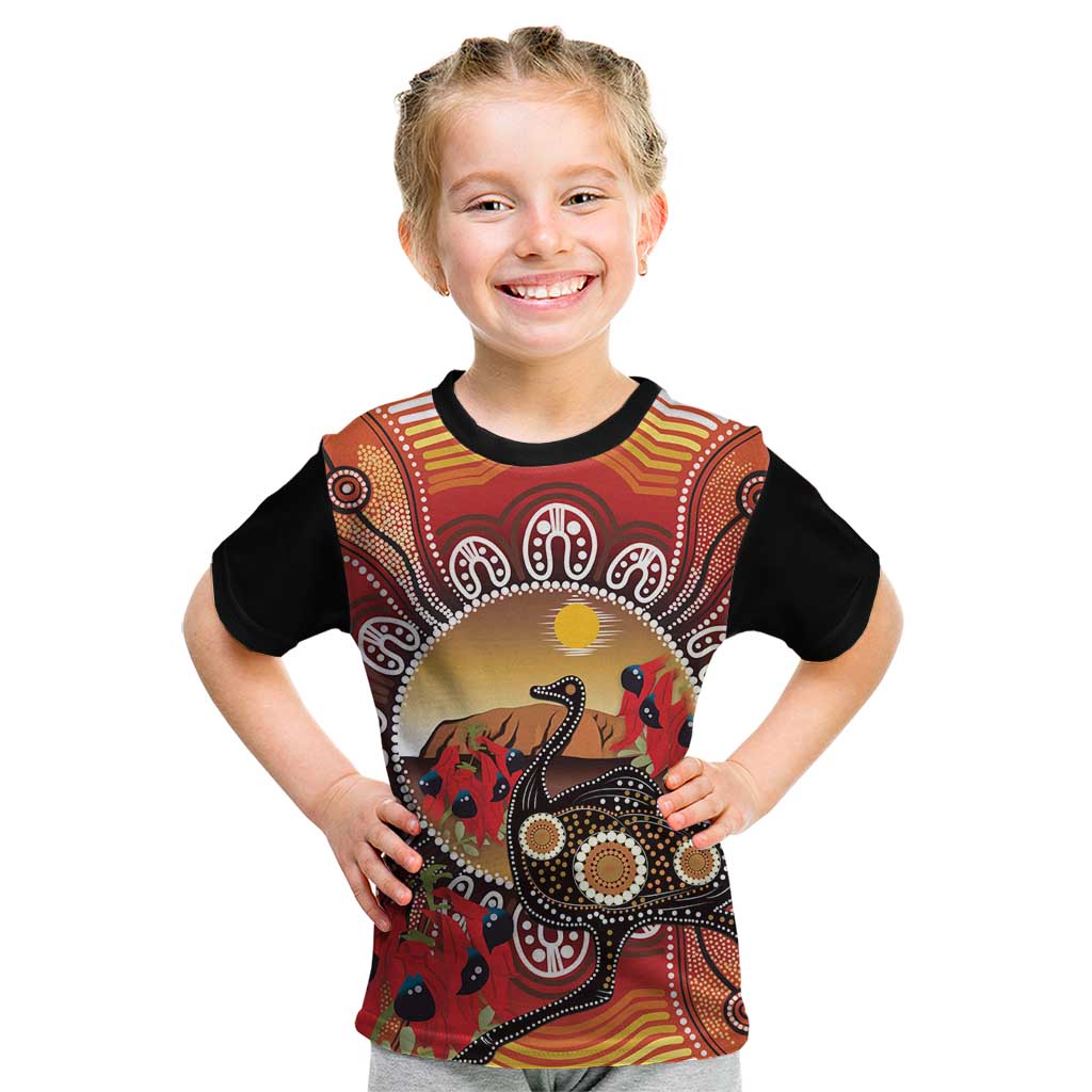 Sturt's Desert Pea And Emu Australia Kid T Shirt Uluru Aboriginal Art