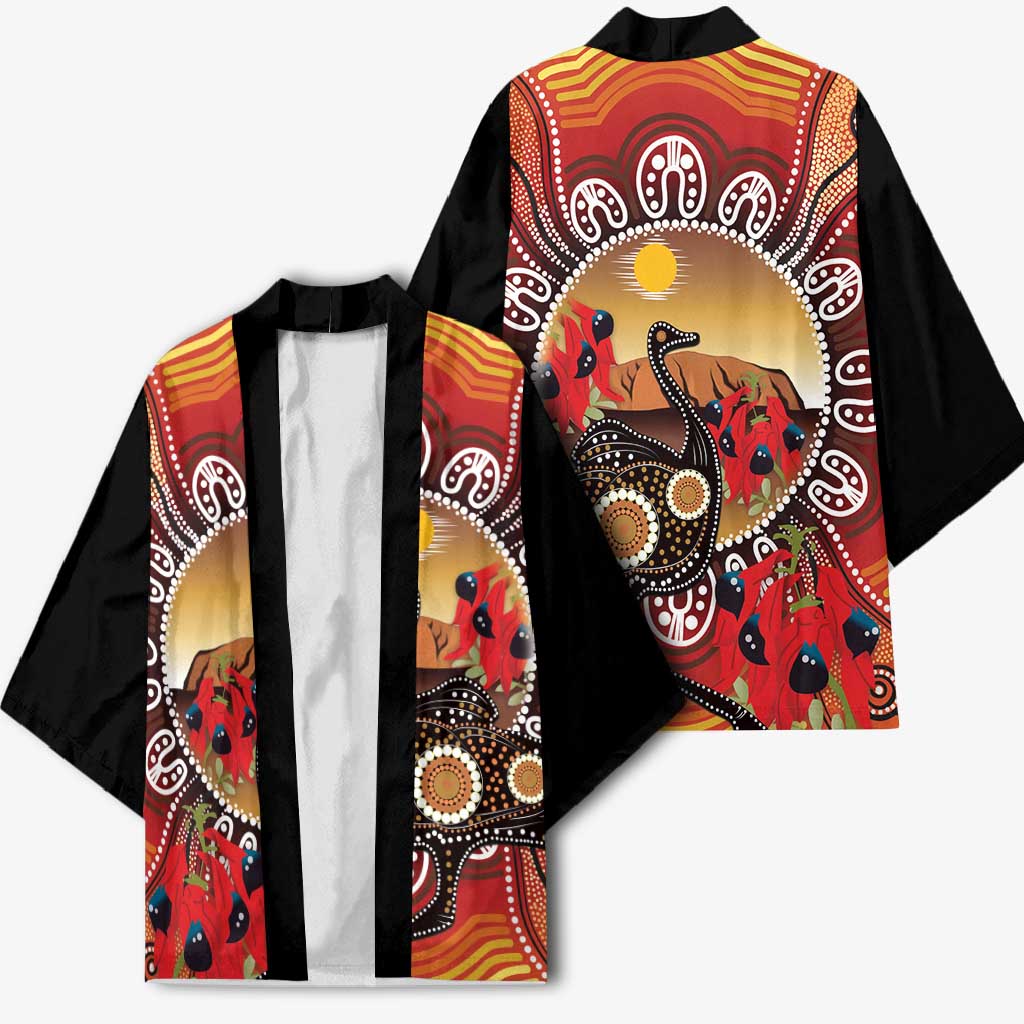 Sturt's Desert Pea And Emu Australia Kimono Uluru Aboriginal Art - Aussie Hoodie