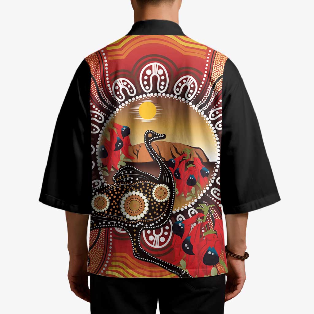 Sturt's Desert Pea And Emu Australia Kimono Uluru Aboriginal Art - Aussie Hoodie