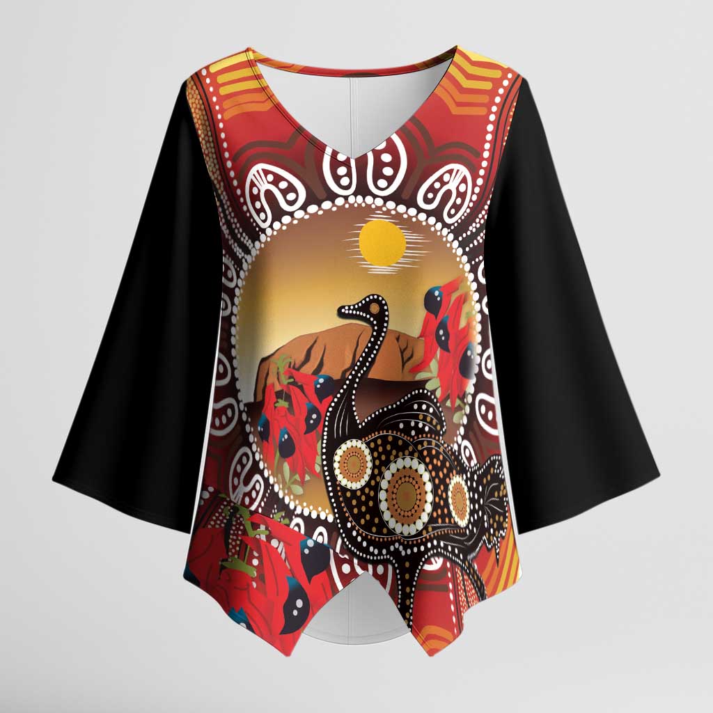 Sturt's Desert Pea And Emu Australia Kimono Sleeve Blouse Uluru Aboriginal Art - Aussie Hoodie